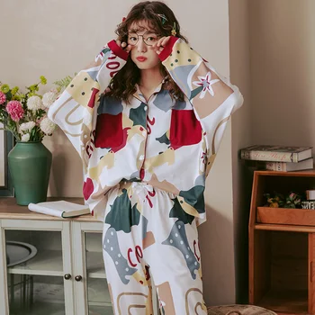 

New Autumn Winter Sleepwear 2 Piece Sets For Women's Cotton Pajamas Turn-down Collar Homewear Large Size Pijama Pyjama XXXL