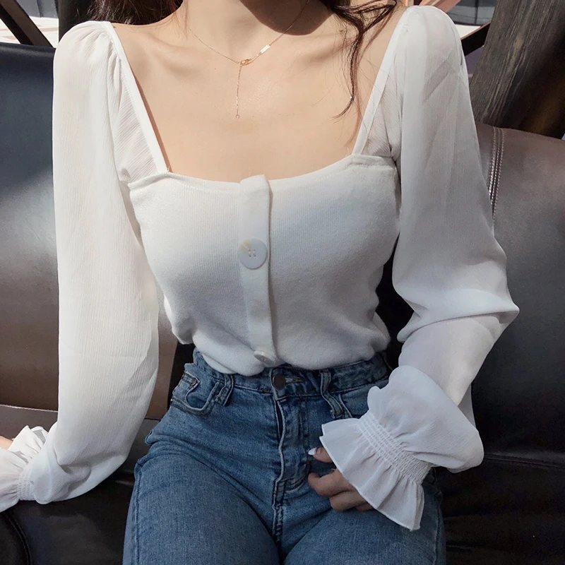Women Slim Patchwork Chiffon Full Lantern Sleeve Square Collar Cropped T-Shirts Lady Knitted Stretchy Crop Tops Tshirt For Girls