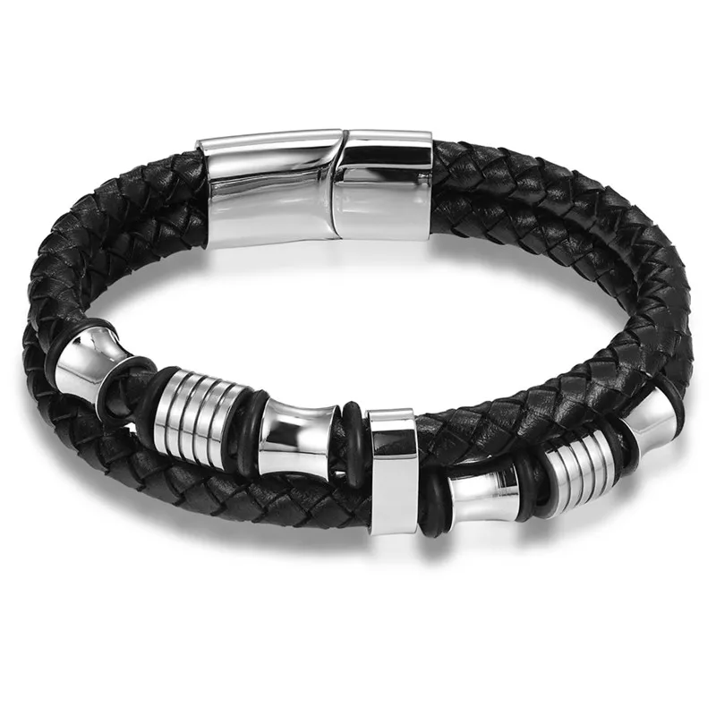 Fashion Stainless Steel Charm Magnetic Black Men Bracelet Leather Genuine Braided Punk Rock Bangles Jewelry Accessories Friend - Окраска металла: BXXG222Silver