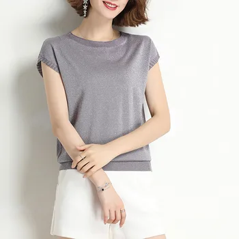 

Women's summer new wide solid color round neck knitted short sleeve shirt red