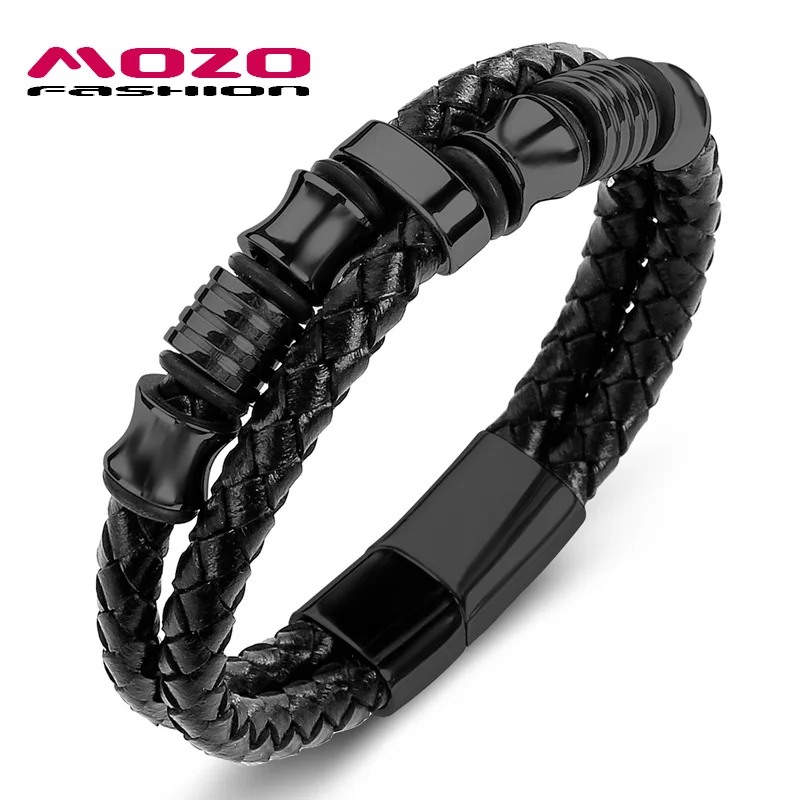 SH067-H MOZO Модные мужские ювелирные изделия черный кожаный плетеный трос цепи из нержавеющей стали высокого качества браслеты для мужчин вечерние подарки 067 - Окраска металла: SH067-H
