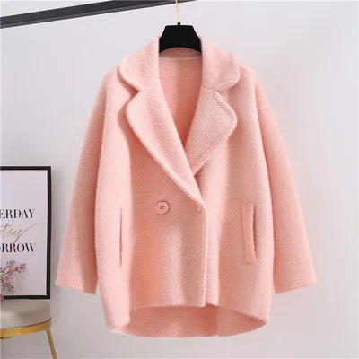 Pink Высокое качество, норковый кашемировый кардиган, пальто, вязаный женский свитер, Осень-зима, двубортный толстый теплый свитер, верхняя одежда - Цвет: Pink