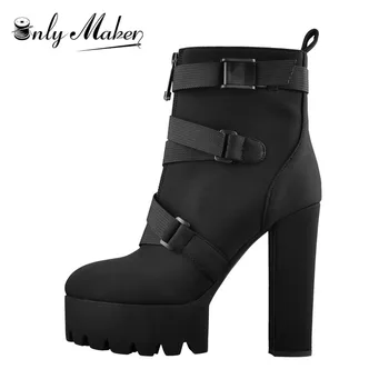 

Onlymaker Platform Round Toe Zipper Strap 12~13cm Chunky Thick Heels Lycra Ankle Boots Plus Size US5~US15 For Autumn Winter