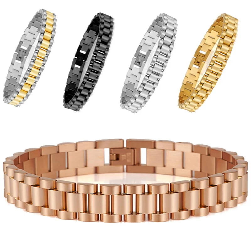 Stainless Steel Bracelets 10MM Watchband Style for Women Men Gold Color Stainless Steel Jewelry Accessories