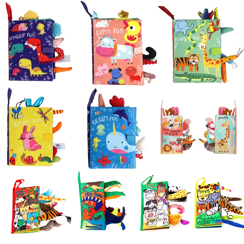 Libro de tela suave con diseño de dinosaurio y cola de Animal para niños, libro de actividades silencioso para aprendizaje, juguetes educativos para edades tempranas de 0 a 12 meses