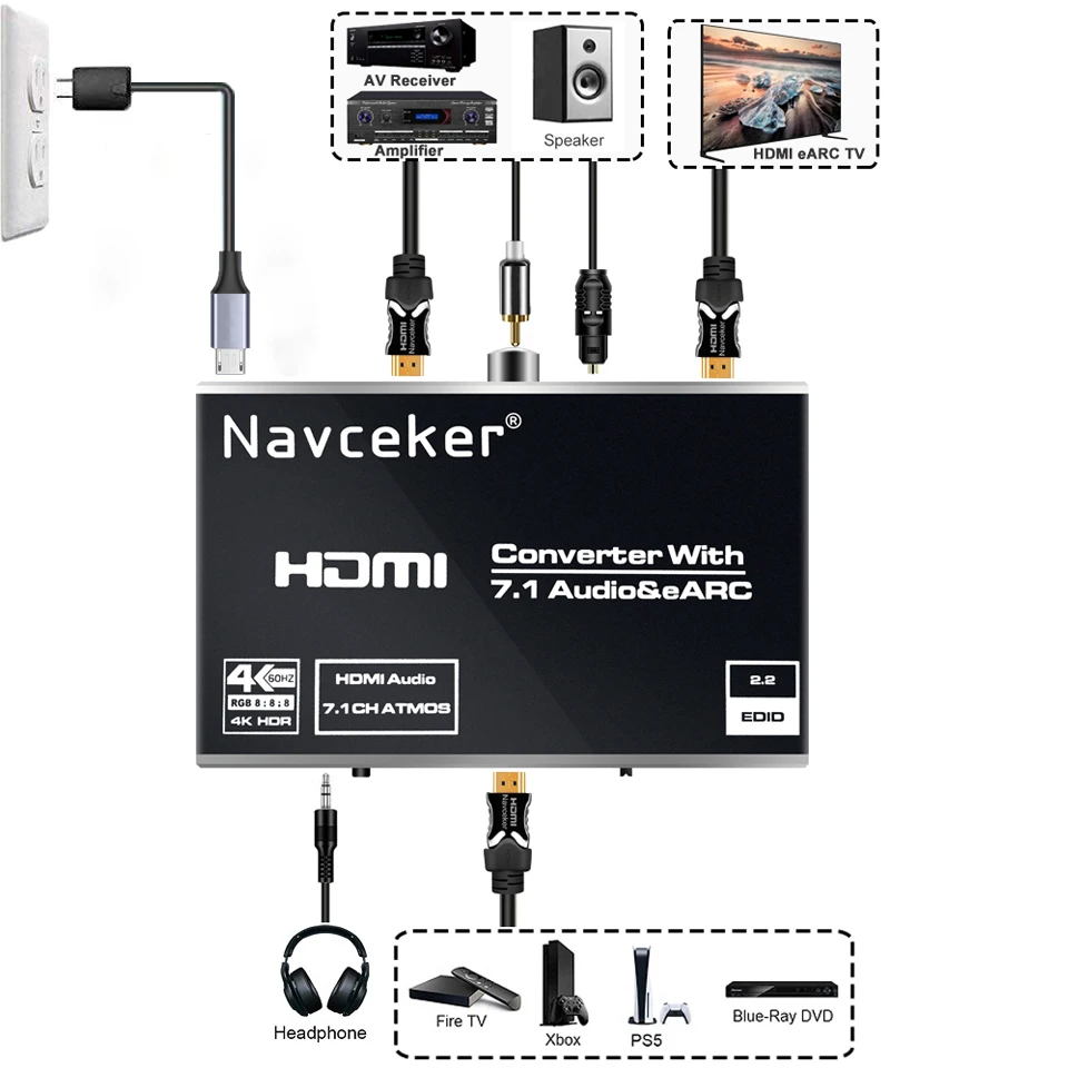 eARC HDMI 2.0 Audio Extractor 4K 120Hz RGB8:8:8 HDR HDMI Splitter Audio Converter 4K to Optical TOSLINK SPDIF 7.1