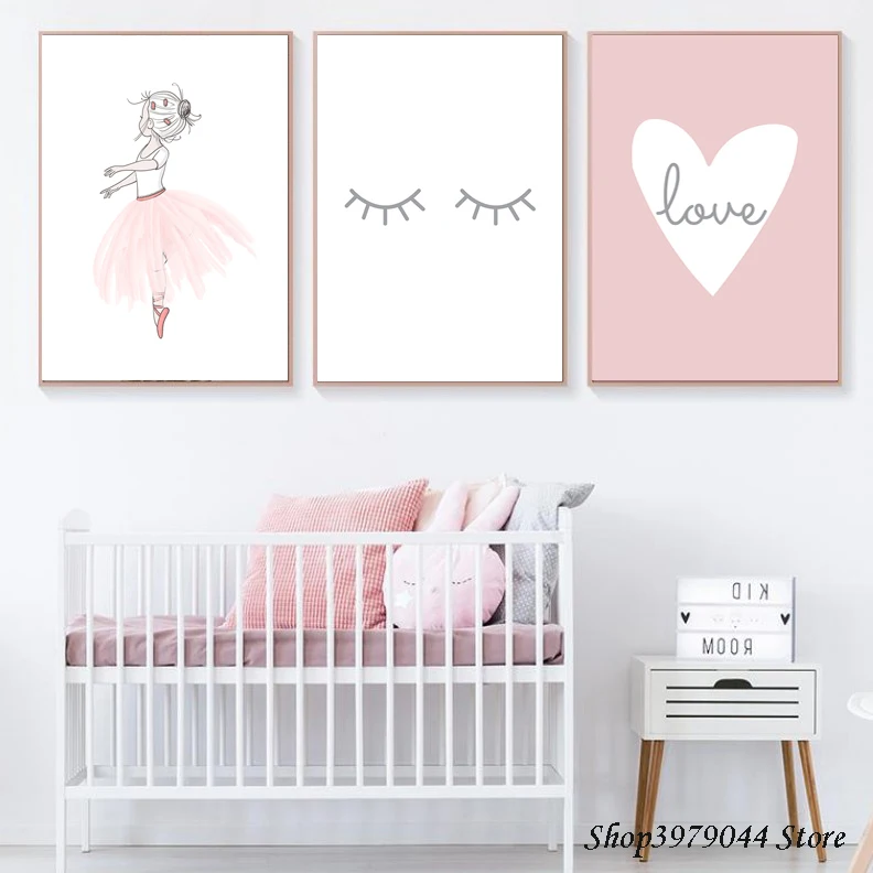 3-pieces Pop Cute Kids Poster Cartoon Canvas Painting Love Painting Wall Art Pink Girl Nordic Poster Picture For Baby Room Decor Unframed - Цвет: 3-pieces