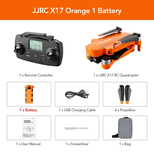 JJRC X17 GPS 6K ESC HD Camera 5G WiFi Brushless 2-Axis Gimbal Optical Flow Positioning Foldable RC Drone PRO Quadcopter RTF GIFT 1 Battery Orange