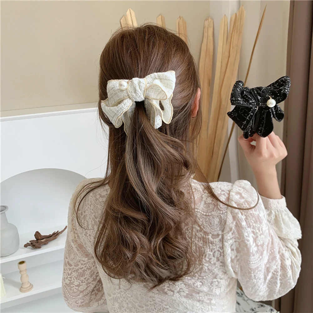 

New Korea Style Sweet Hairpin Cute Ribbon Bow Imitation Pearl Banana Hair Clip Women Fashion Hair Accessories 2021 Hair Claws