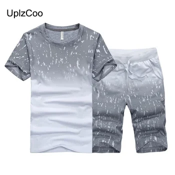

UplzCoo 2019 Summer Men's Suit T-shirt + Pants Sportswear Casual Printing Gradient Sets Fashion Male Brand Clothing 4XL FM215