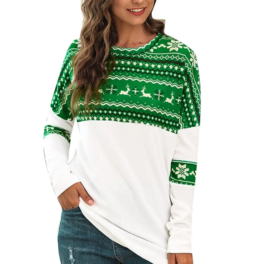 Christmas Sweaters for Women Men O Neck Color Block Deer Snowflake Print Winter Unisex Blouse Pullover | Женская одежда