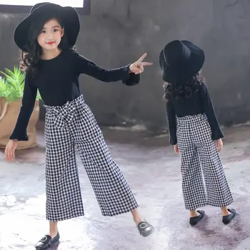 

Teenage Girls Suit Clothing 2020 For Girls Kids Flare Sleeve Solid Shirt + Bow Plaid Pants 2 Pcs Teens Outfits School Clothes