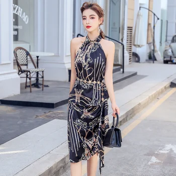

2020 Summer New Korear Fashion 2 Piece Set Women Printing Halter Sexy Tops And Split Skirt Suit Office Lady Two Piece Set
