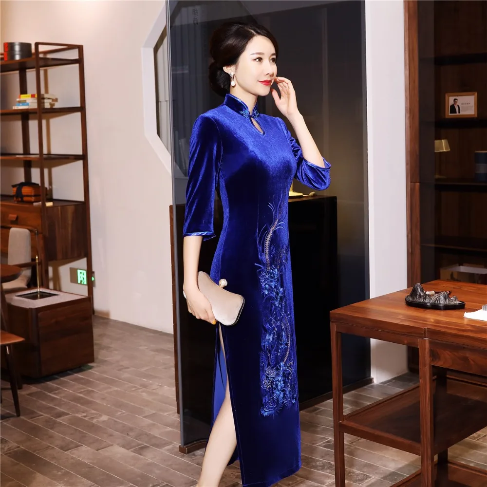 Шанхай история бархат Cheongsam китайское платье вышивка Qipao длинное