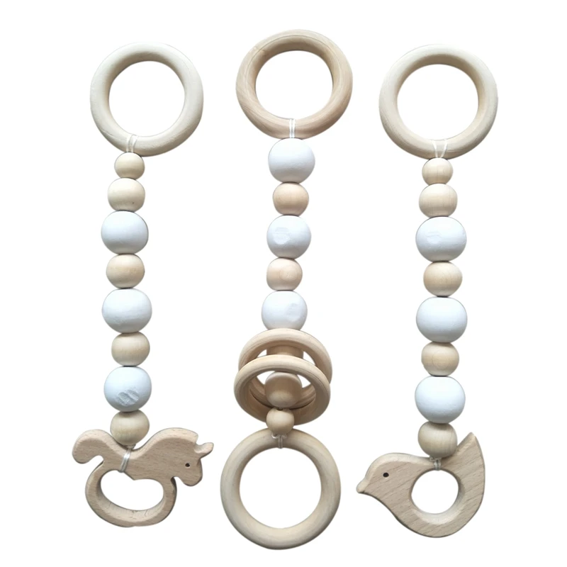 

3Pcs Wooden Ring Baby Teether Activity Play Gym Beads Animal Pendant Rattles Baby Toys Protection Sensory Toys Gifts