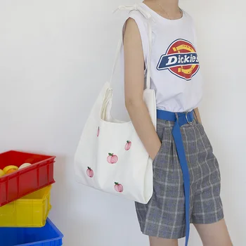 

Cute Girl Small Bag Embroidered Fruit Pattern Canvas Bag Female Shoulder Messenger Bag Handbag