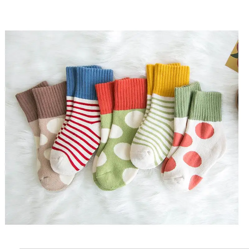 Детские полосатые хлопковые носки в горошек толстые зимние носки для мальчиков и девочек детские короткие носки цвета слоновой кости, синего, зеленого, желтого цвета 5 пар/лот