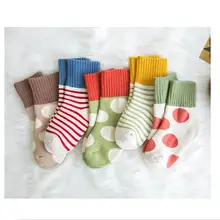 Детские полосатые хлопковые носки в горошек толстые зимние носки для мальчиков и девочек детские короткие носки цвета слоновой кости, синего, зеленого, желтого цвета 5 пар/лот
