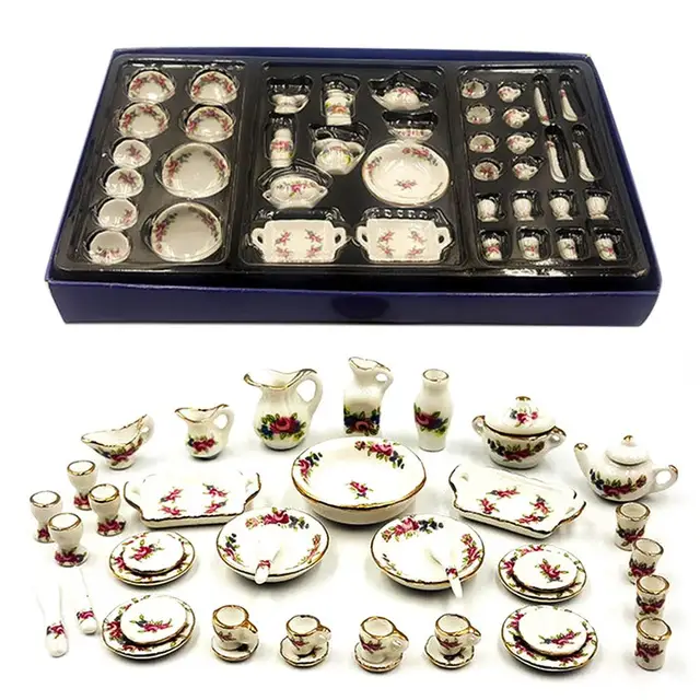 Miniature doll house pink Flower Patten Porcelain Coffee Tea Cups Ceramic Tableware Dollhouse Kitchen Accessories 1