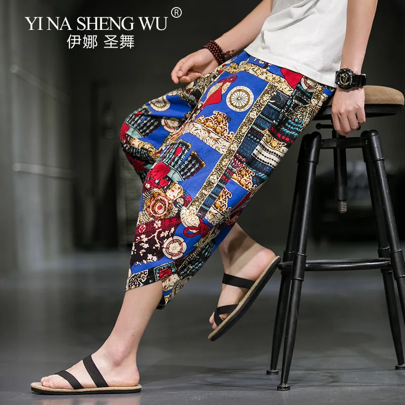 

Chinese Style Printed Cotton Linen Men's Leisure Small Leg Capris Retro Large Linen Loose Daily Harlan Pants 2021 Summer New