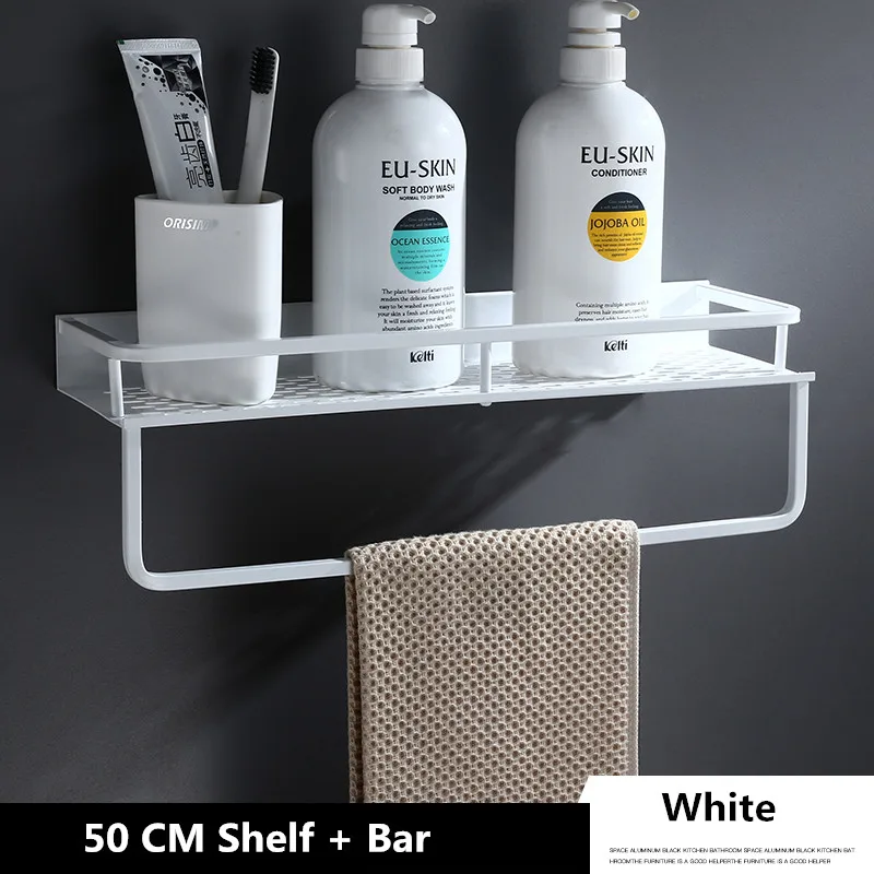 50cm and Bar Белая полка для ванной комнаты, Алюминиевая душевая корзина, угловые полки для ванной комнаты, держатель для шампуня, кухонная стойка для хранения, аксессуары - Цвет: 50cm and Bar