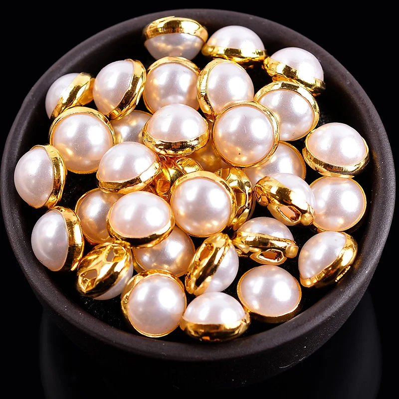 JUNAO 4 6 8 10 12mm Gold Flatback Pearls Half Round Rhinestone