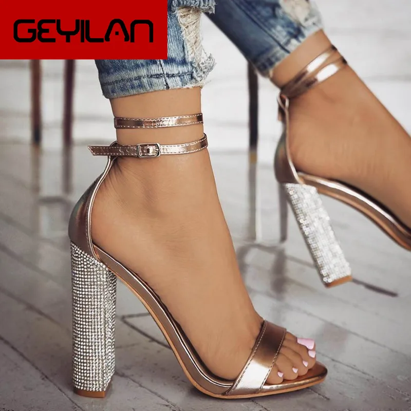 

Women Open Toe Strappy Ankle Strap Gold Sandals Crystal Transparent Clear Block Thick High Heel Sequined Shoes Woman Plus Size