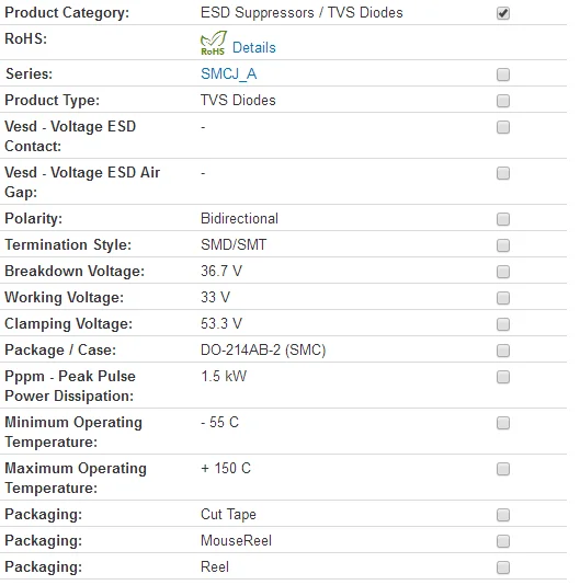 ESD подавители/tvs-диоды 1500W 33V SMCJ33CA