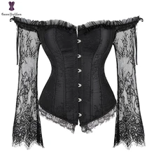  Long Floral Sleeves Women's Sexy Gothic Victorian Corset Vintage Lace Up Bustier Off Shoulder Corsets Overbust Top 