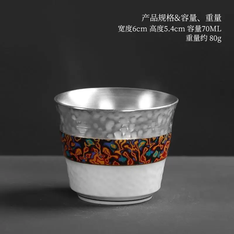 Серебряная чашка с лайнером, одна чашка, Большая керамическая чашка ручной работы для кунг-фу, серебро 999, маленькая чайная чашка - Цвет: Светло-серый