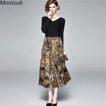 

2020 Spring Runway Fashion 2 Piece Skirt Suits Sets Women Black V-neck Sweater Pullover + Printed Long Pleated Office Skirt Suit