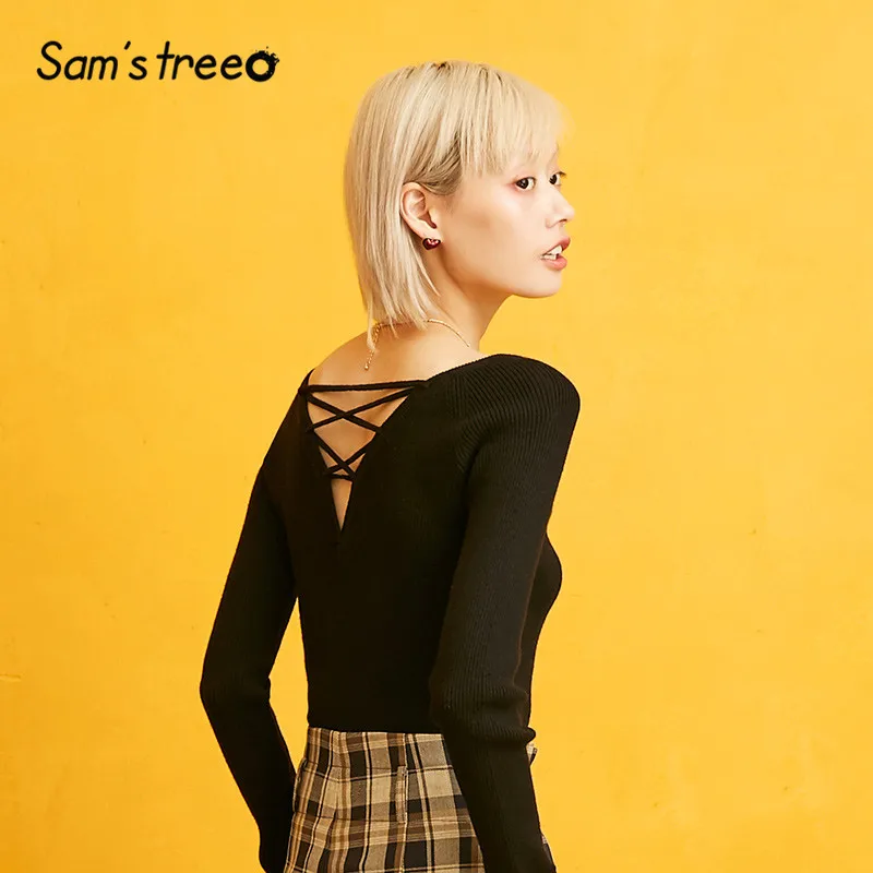 SAM'S TREE Черный однотонный минималистичный пуловер на шнуровке с перекрещивающимися крест-накрест, женский свитер, зима, женские топы с вырезами и рукавами-оборками для офиса