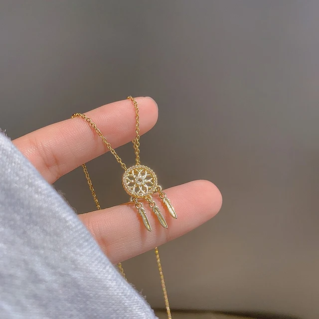 Fancy Hollow Dream Catcher Leaf Feather Shiny Crystals Drop Dangle Earrings For Women Party Jewelry Korean Hanging CZ Earrings Necklace