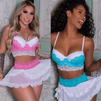 

2020 Sexy Women Lingerie Nightwear Lace Floral Bra & Brief Sets Lace Bra Babydoll G-string Dress Set Sleepwear Female Sheer Sets