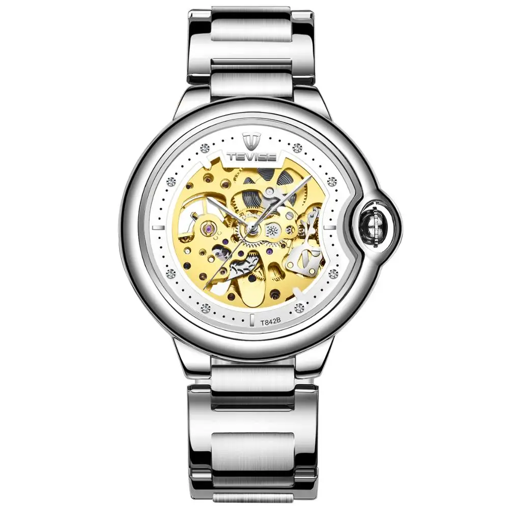 Fashion Brand TEVISE New Men Automatic Mechanical Watch Stainless Steel Skeleton Wristwatch Male Gifts Clock - Цвет: silver