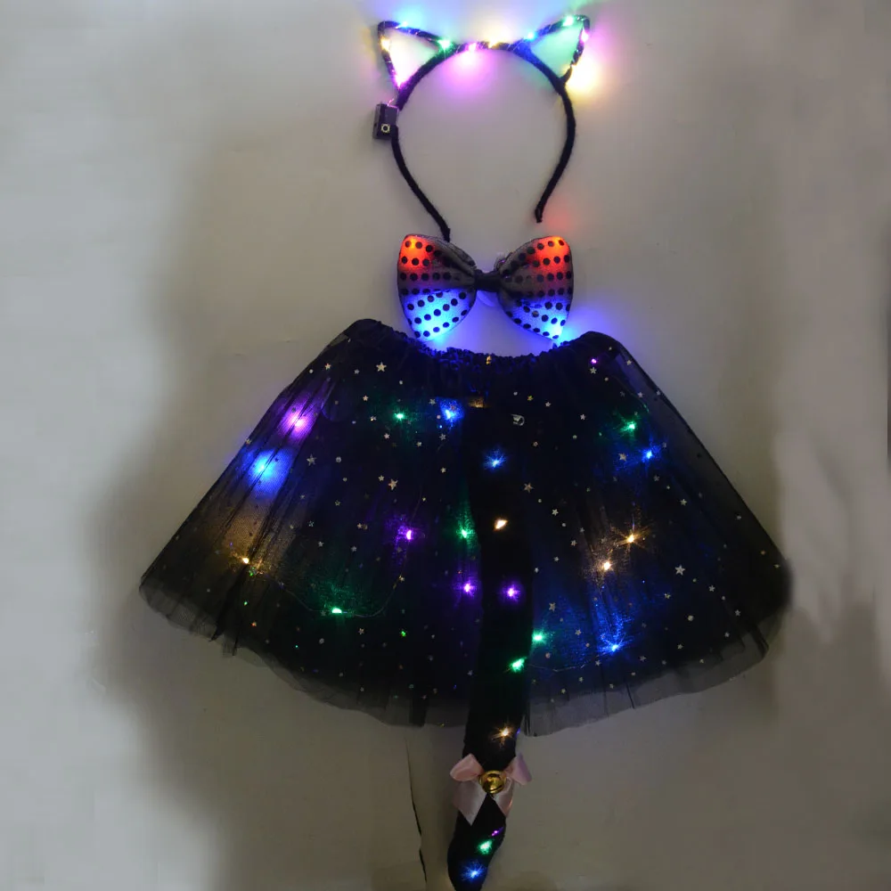 LED Glow Luminous Kids Girl Women Tutu Skirt Clothing Wedding Party Cat Animal Ear Headband Tie Tail Fox Costume Anime Cosplay