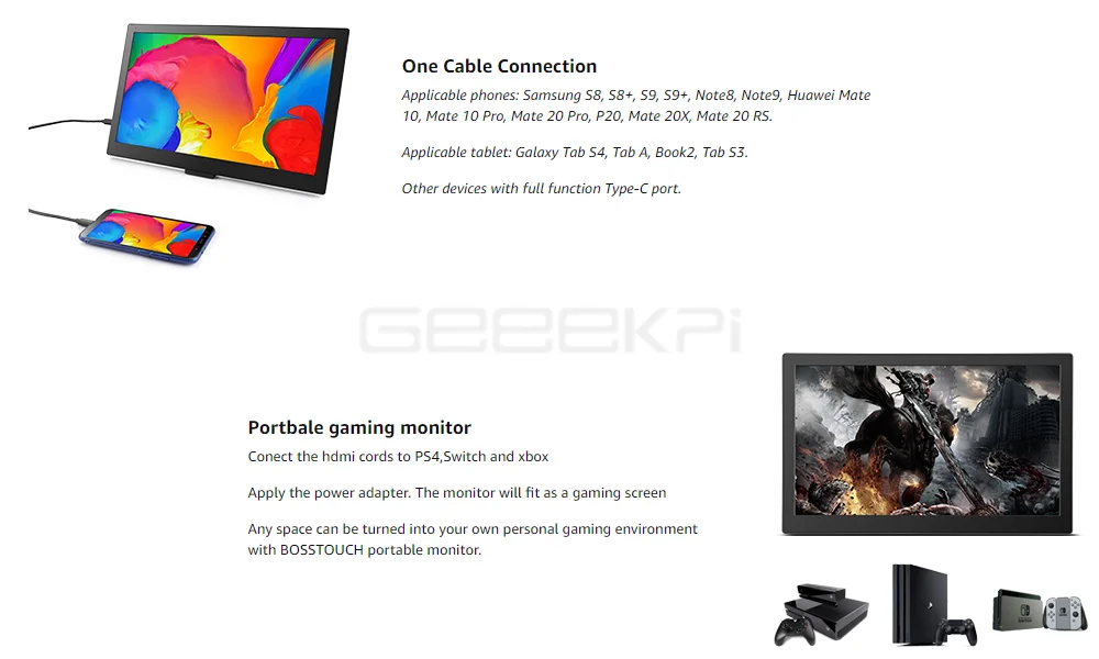 GeeekPi 15,6 дюйма 1920 × 1080 Портативный монитор с сенсорным экраном Full HD ips 60 Гц игровой монитор сердечного ритма Смарт Чехол 2xusb-Тип-C/Mini HDMI и DP