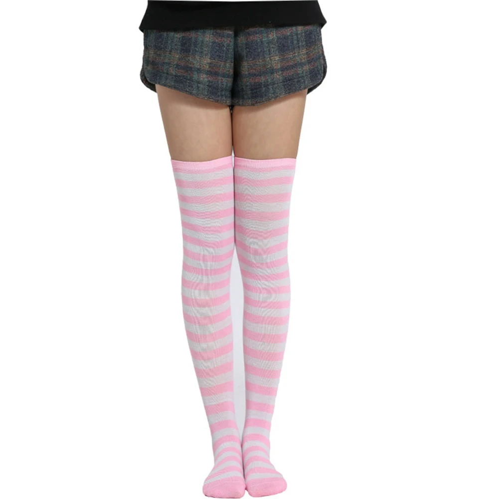 Women Girl Sheer Striped Thigh High Stockings Over The Knee