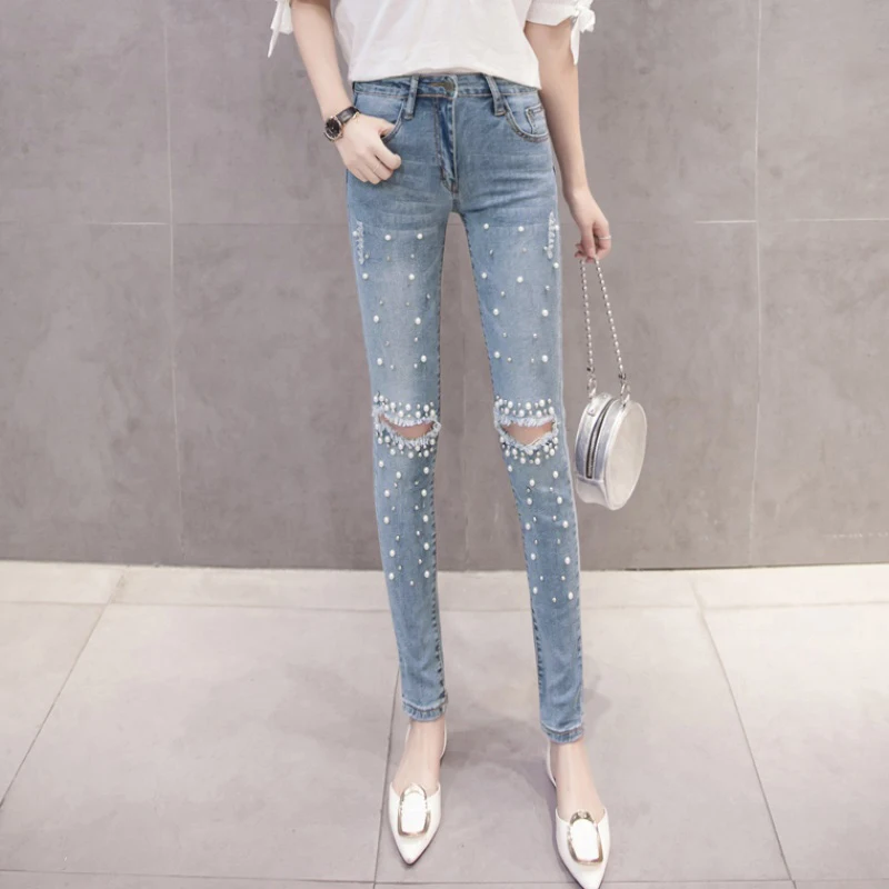 Versear Korean Style Women Pencil Jeans Washed Denim Pant Beading Ripped Holes Mid Waist Distressed Casual Skinny Pants Trousers