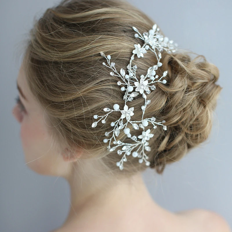 Silver Thread Bridal Hair Comb Wedding Hair Accessories Pearl Beads Tiara Hair Band Hair Jewelry Twig Headpiece Hair Decoration