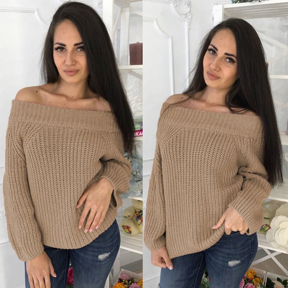 

Hot Sales Europe Style Off Shoulder Neckline Woman Sweater Fashion Pullover Long Sleeve Solid Female Knit Sweater Popular New