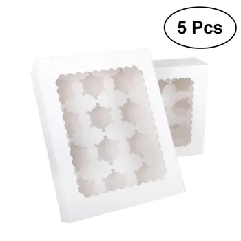

5pcs Portable 12-Cavity Cupcake Box Container Muffin Window Box (White)