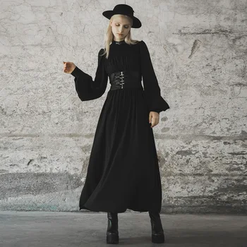 

PUNKRAVE Women's Punk Dark Spliced Slit Long Dress Gothic Detachable Magic Star Metal Chain Lantern Sleeve Daily Dress