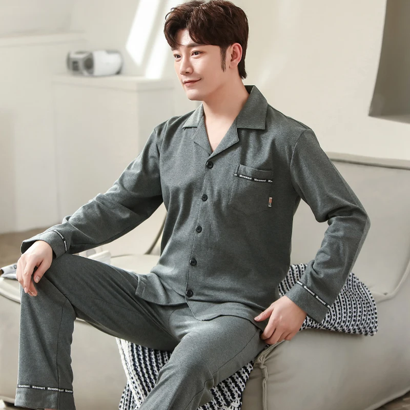 

100% cotton sleepwear men pajamas sets Autumn winter long sleeve casual solid men homewear