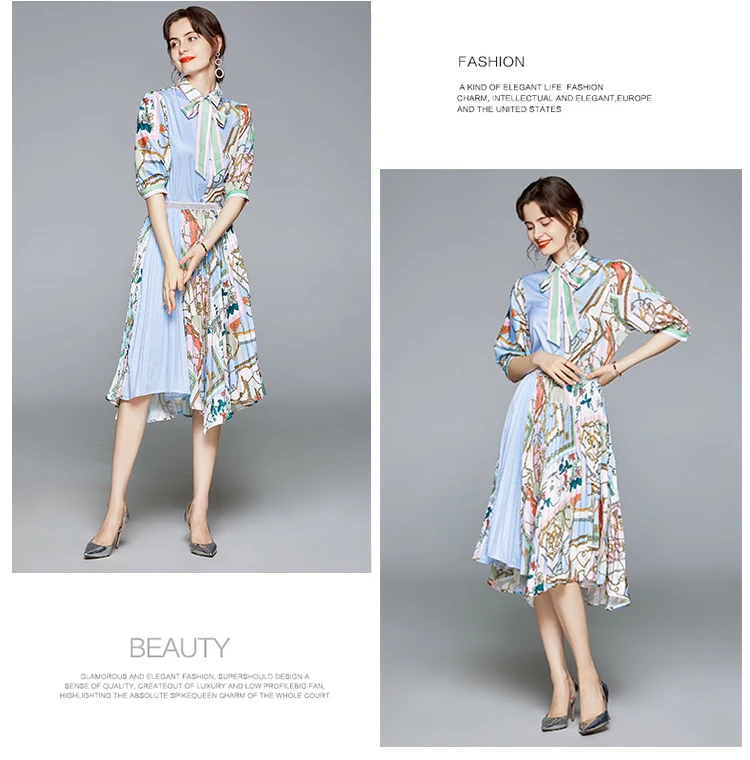 Runway Skirt 2 Piece Set Women Bow Tie Sashes Half Sleeve Floral Blouse Shirts and Irregular Pleated Skirt Women Clothing Set