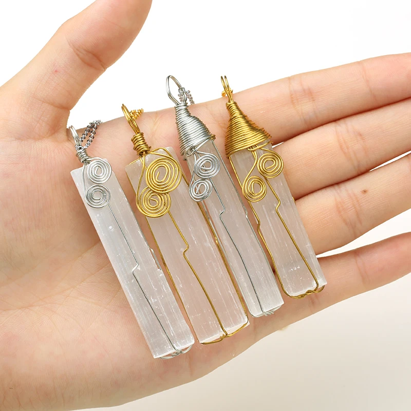 Reiki Healing irregular Raw stone Pendant necklace Natural Selenite Sticks Wands Rough Gypsum Crystal Pendant Handmade jewelry