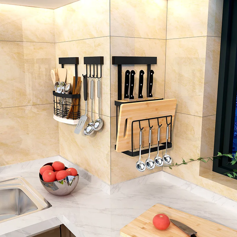 Черная настенная кухонная стойка для хранения посуды из нержавеющей стали