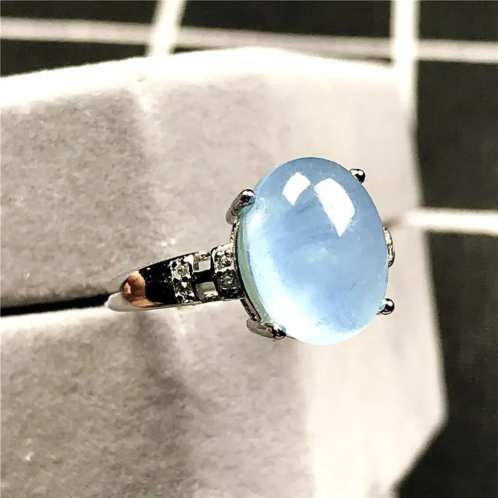 

11x8mm Natural Ocean Blue Aquamarine Beads Ring For Woman Lady Man Crystal Beads Silver Stone Adjustable Size Ring Jewelry AAAAA