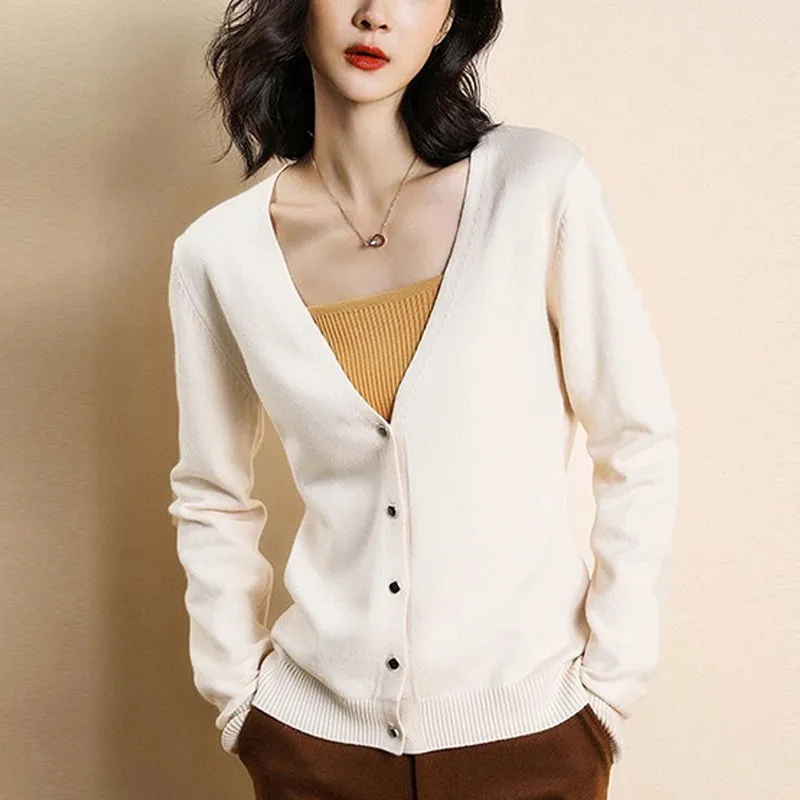 

Women Fashion Solid Color Button Knitted Cardigan Casual Warm Long Sleeve Sweater Female Loose V Neck Short Cardigans Coat