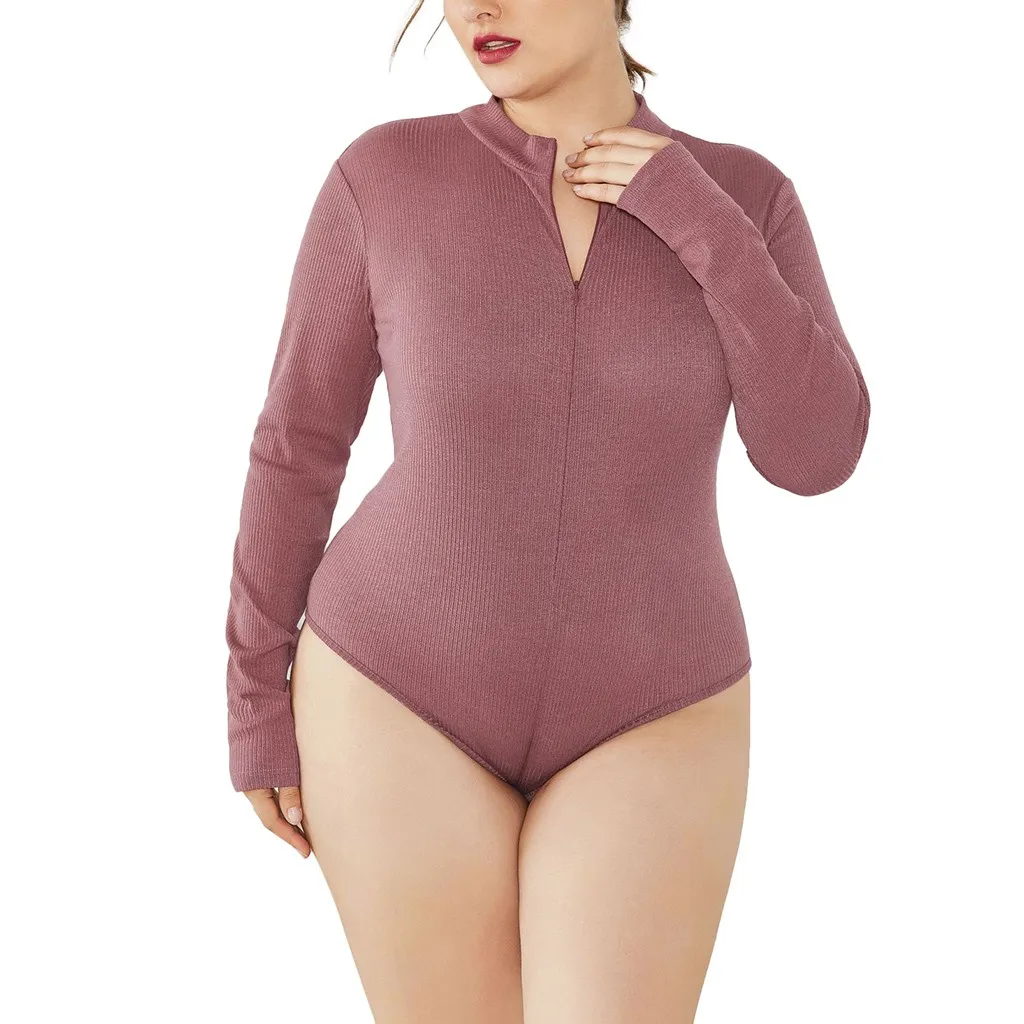 Новинка, модные женские боди размера плюс 5XL, одноцветные топы на молнии с длинным рукавом, боди, бесшовные мягкие боди